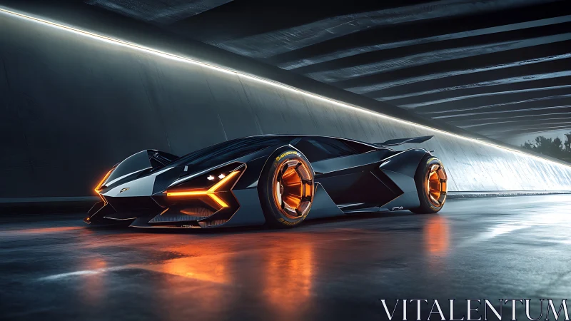 Futuristic hypercar underlit by neon tunnel reflections.
