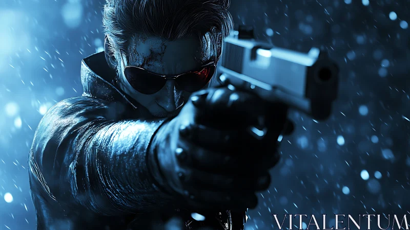 Cool-headed action hero aims forward through winter rain.