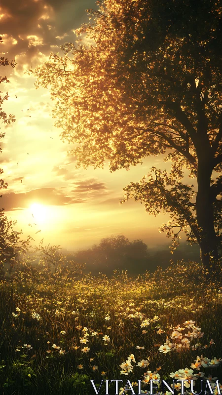Radiant meadow sunrise with volumetric light diffusion field.