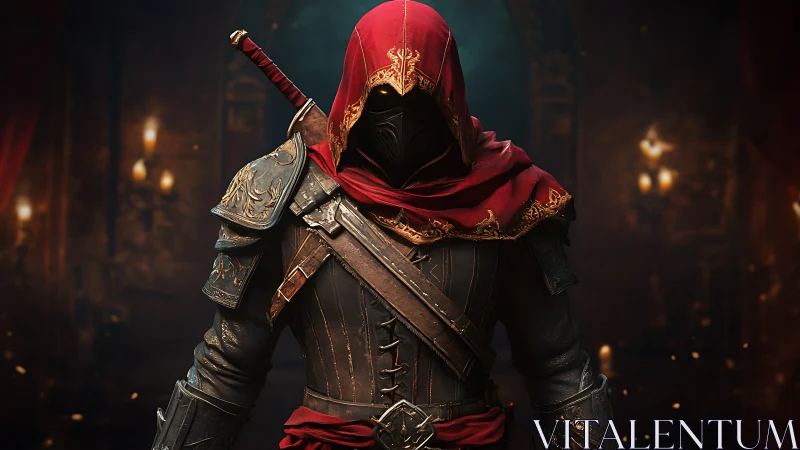 Hooded crimson assassin in ornate leather armor at dusk.