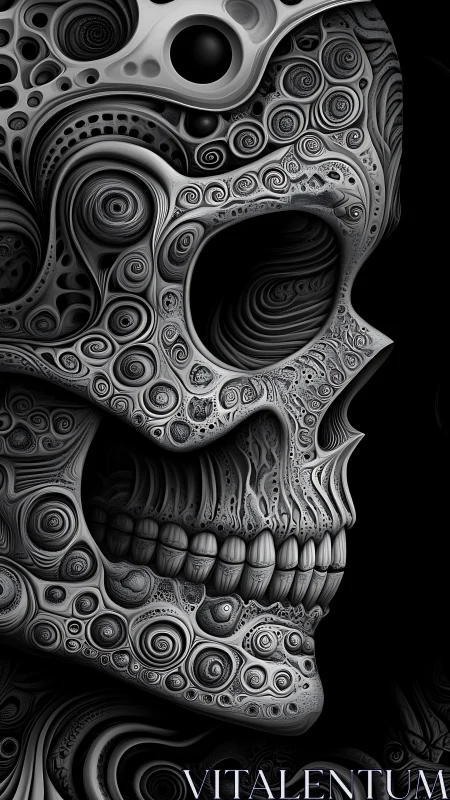 Skull profile rendered with dense monochrome spiral patterns