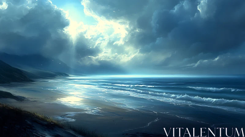 Coastal shoreline under dense clouds with reflective surf.