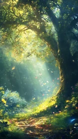 Ancient tree canopy with atmospheric light filtering.