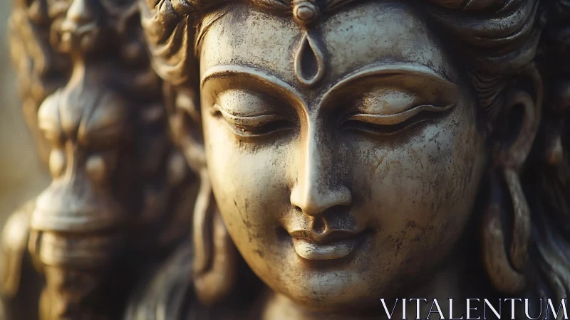 Close-up bronze sculpture of serene goddess style face.