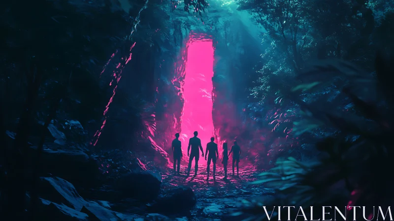 Neon jungle gateway where friends step into the unknown.