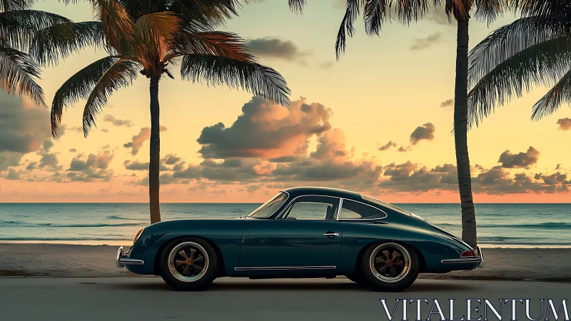 Sunset cruise waits as a classic teal car rests by the sea