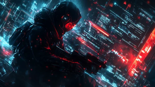 Neon-clad cyber soldier scans glowing data walls in silence.