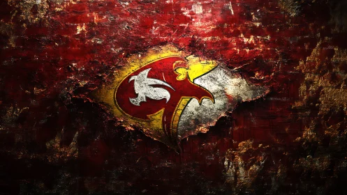 Grunge-style crimson emblem with distressed metallic eagle.