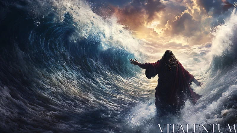 Hydrodynamic sea partition around robed figure under storm sky.