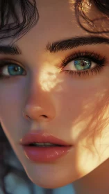Hyperreal close-up portrait of blue-eyed young woman.