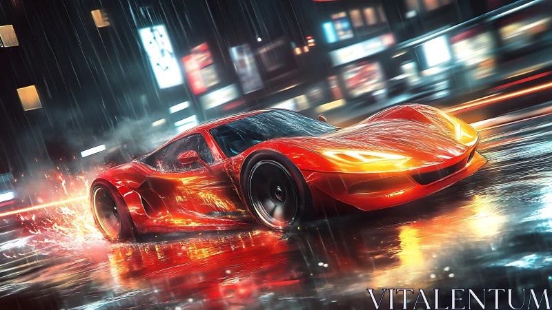 Red supercar drifting on wet neon city street at night.