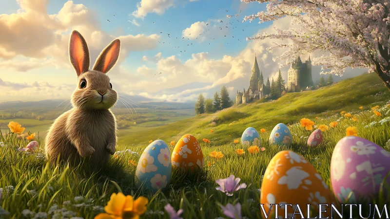 High-detail 3D rabbit with patterned eggs in castle meadow panorama.