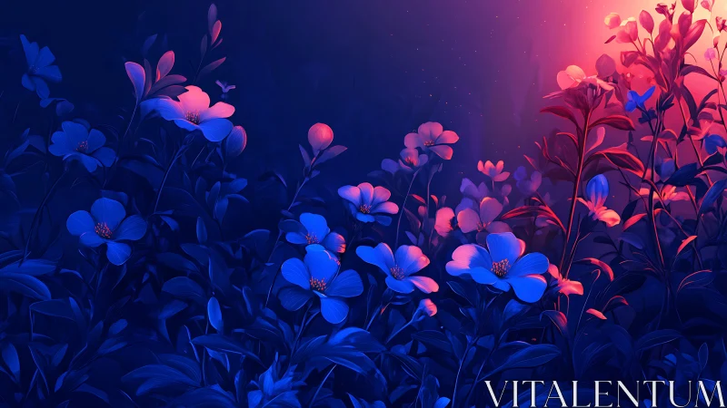 Neon Garden Dream: Where Blue Meets Crimson Blooms.