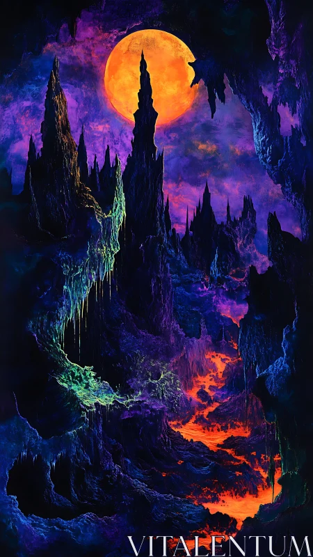 Lava chasm under neon moon within surreal cavernscape.