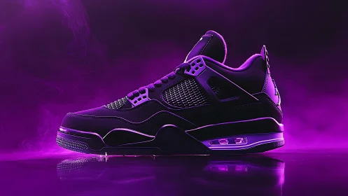 Purple athletic sneaker in side profile on reflective surface.
