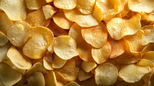 Thin potato crisps form overlapping golden layers in view