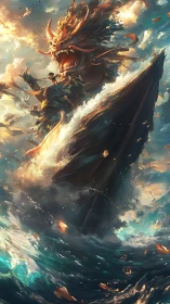 Storm-carved dragon bursts from the sea beside bold rider