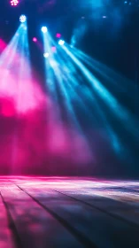 Stage floor under converging RGB spotlights with aerial haze.