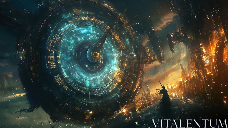 Colossal luminous ring looms above a lone city wanderer.