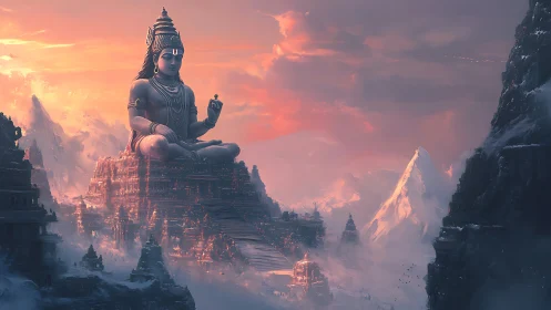 Colossal seated deity over terraced mountain citadel at dusk