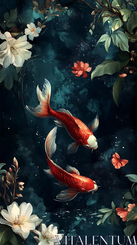 Vertical koi pond tableau with florals in digital painting.