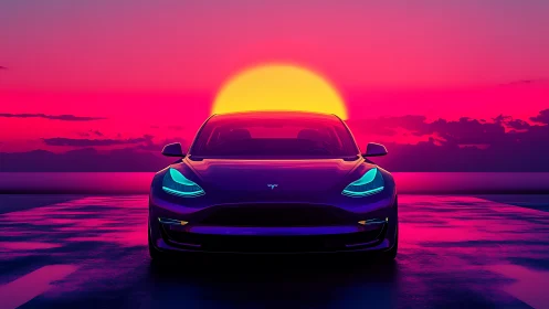 Electric car glows under neon sunset horizon in symmetry.