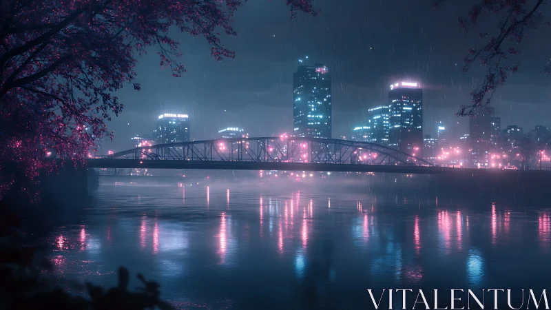 Neon city bridge over river under rain at midnight.