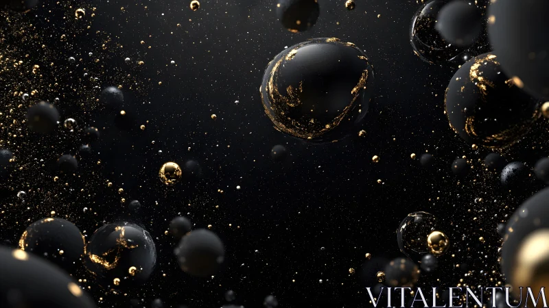 Abstract black and gold spheres with sparkling particles, digital art.