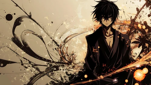 Dark robed anime figure stands amid dynamic abstract energy arcs
