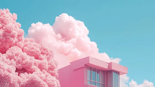 Pink modern house stands beside fluffy tree under cyan sky