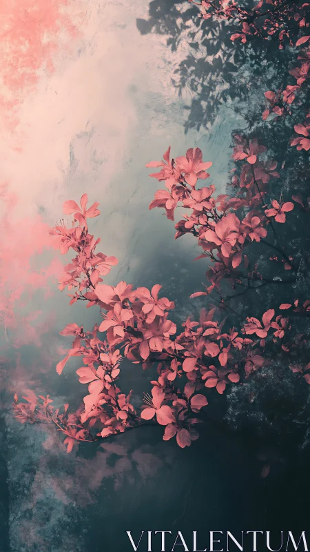 Coral Blossoms Against Weathered Teal Ground.