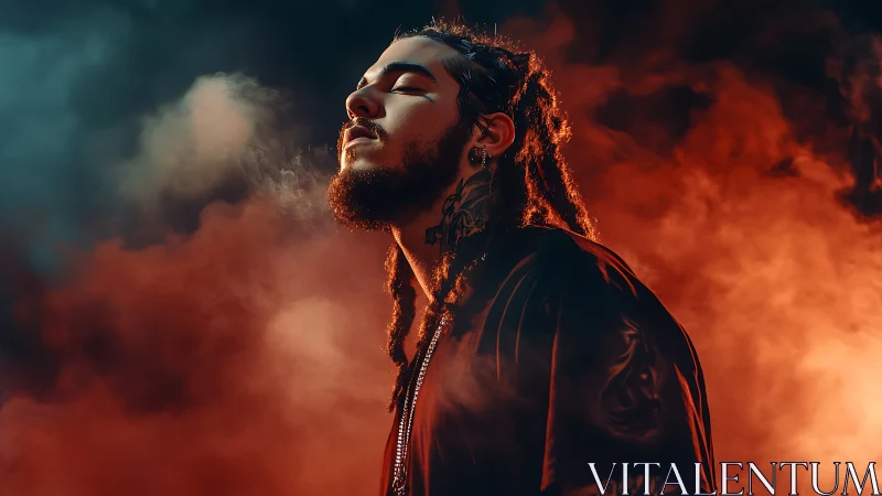 Cinematic side-lit portrait of tattooed man in colored smoke