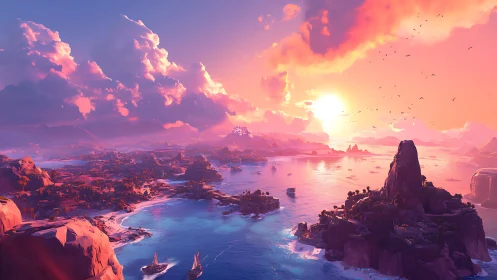 Luminescent Alien Seascape with Dramatic Sunset Sky.