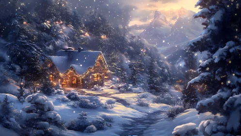 Snowy mountain cottage glows with warm festive lights at dusk.