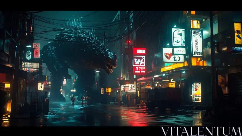 Giant reptilian creature in rainy neon lit urban street scene.