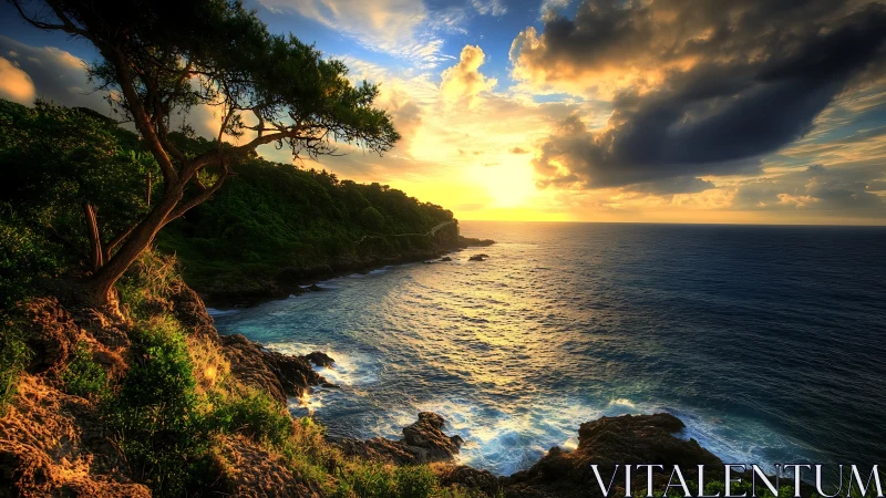Sunlit rocky coast glows beneath dramatic golden sunset.