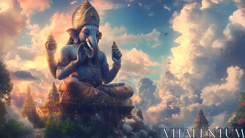 Majestic sky-temple Ganesha statue glows above misty clouds