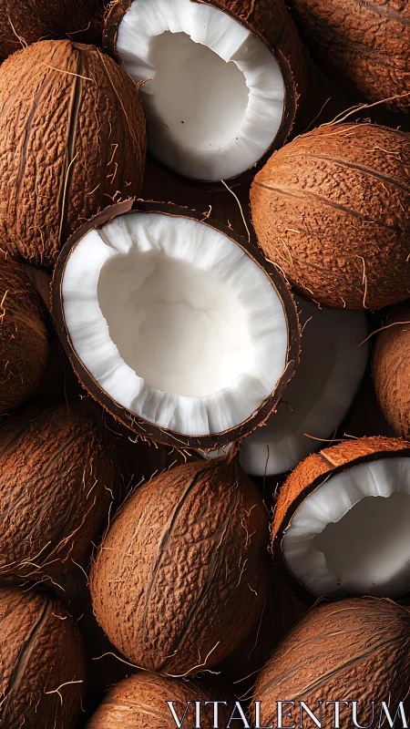 High-resolution overhead capture shows halved and whole coconuts