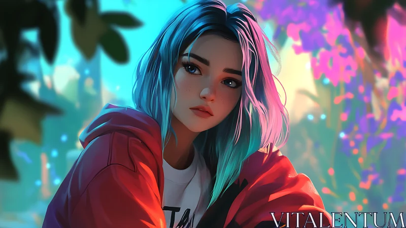 Dreamy blue‑haired girl resting in neon forest glow.