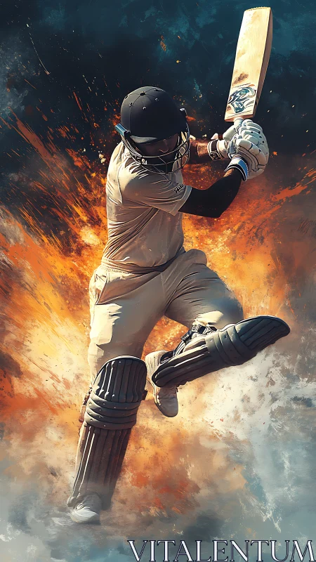 Dynamic cricket batsman mid-drive amid explosive paint burst