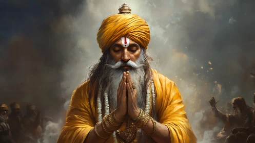 Elderly Sikh sage in golden turban praying amid smoky battlefield