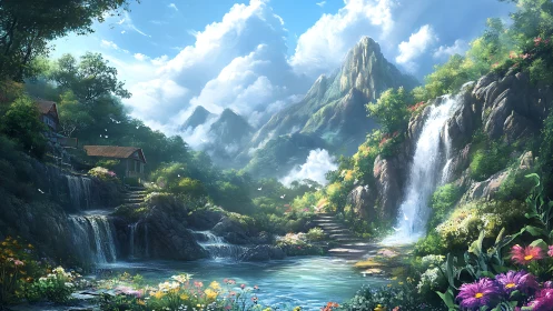 Sunlit mountain waterfalls welcome a quiet cottage valley