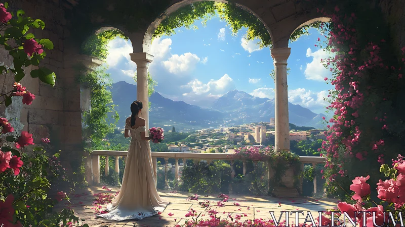 Woman in formal gown on floral terrace overlooking valley.