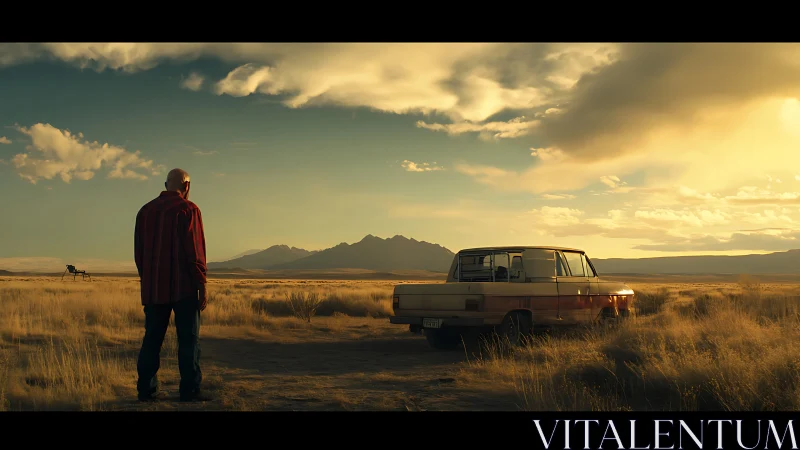 Solitary man beside vintage car in golden desert dusk.