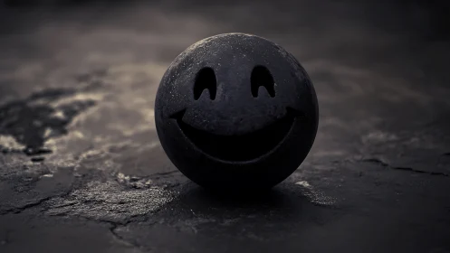 Black spherical smiley face object on textured surface.