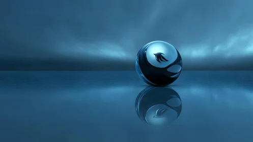 Futuristic glass sphere with bird emblem on reflective blue surface.