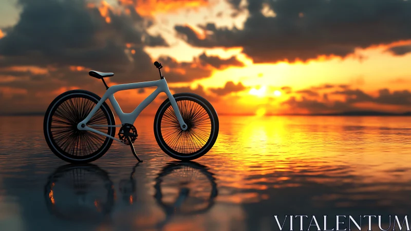 Bicycle on Shoreline at Sunset with Dramatic Sky