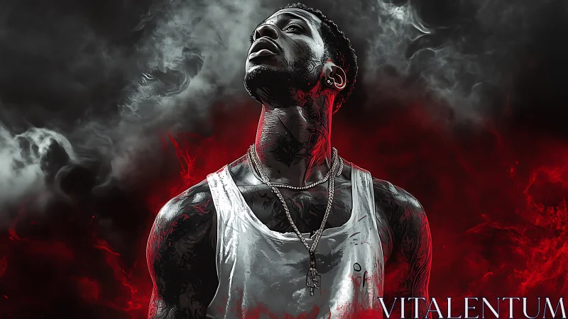 Ink-lit rebel rises through smoke and scarlet embers.