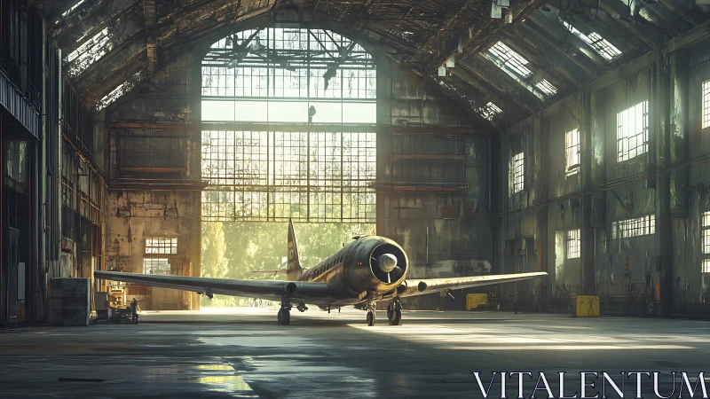 Solitary vintage plane dreaming in a sunlit ruined hangar.