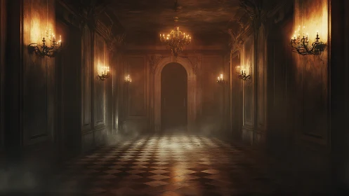 Candlelit haunted hallway wrapped in soft golden shadows.